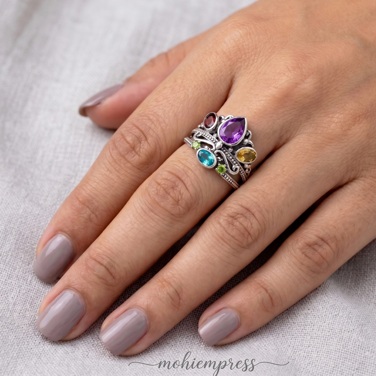 Multi Gemstone Statement Ring 925 Sterling Silver, Vintage Crown Ring