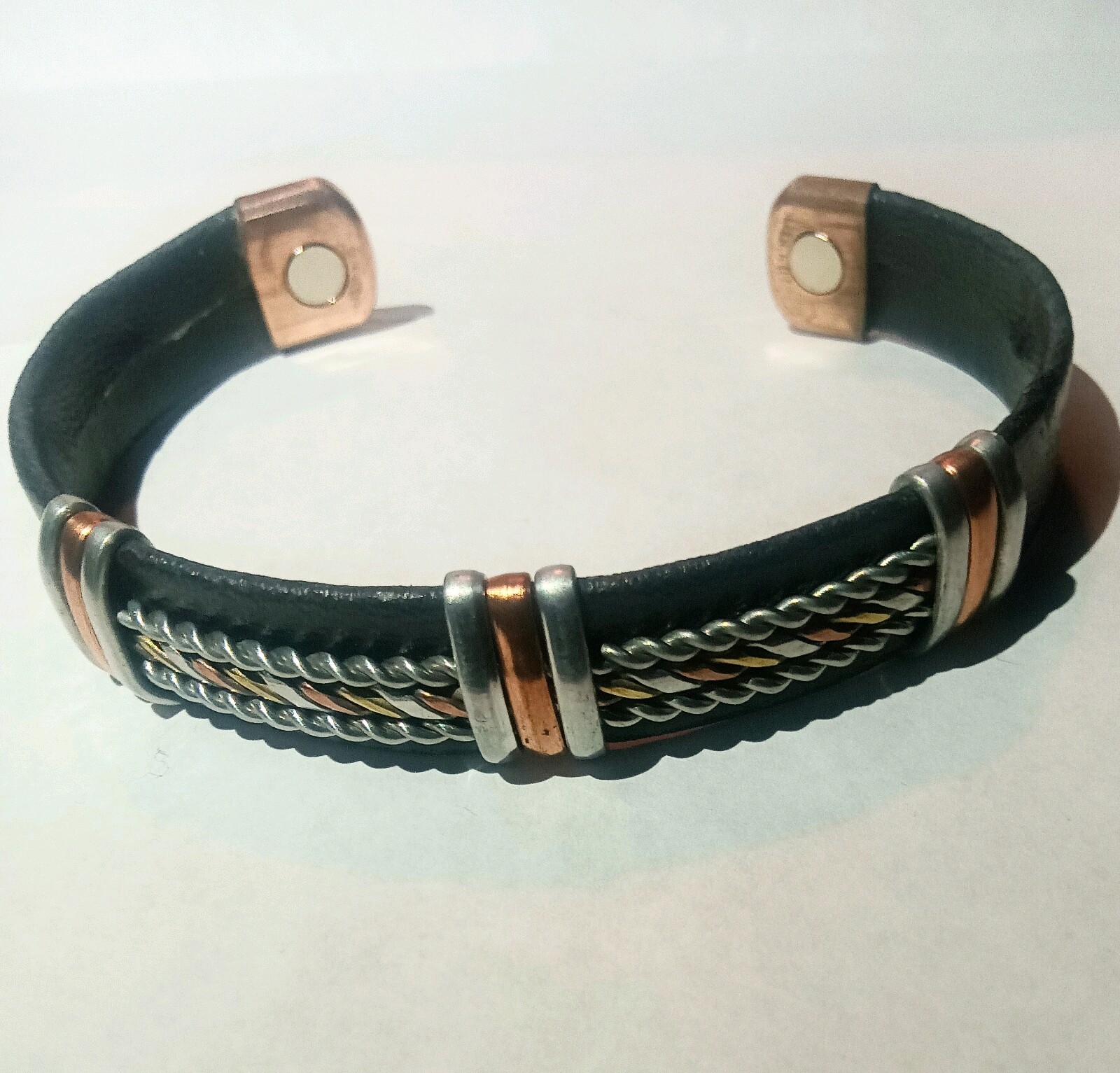 Pure Copper Leather Wrapped Magnetic Bracelet Men Women Pain Jewelry