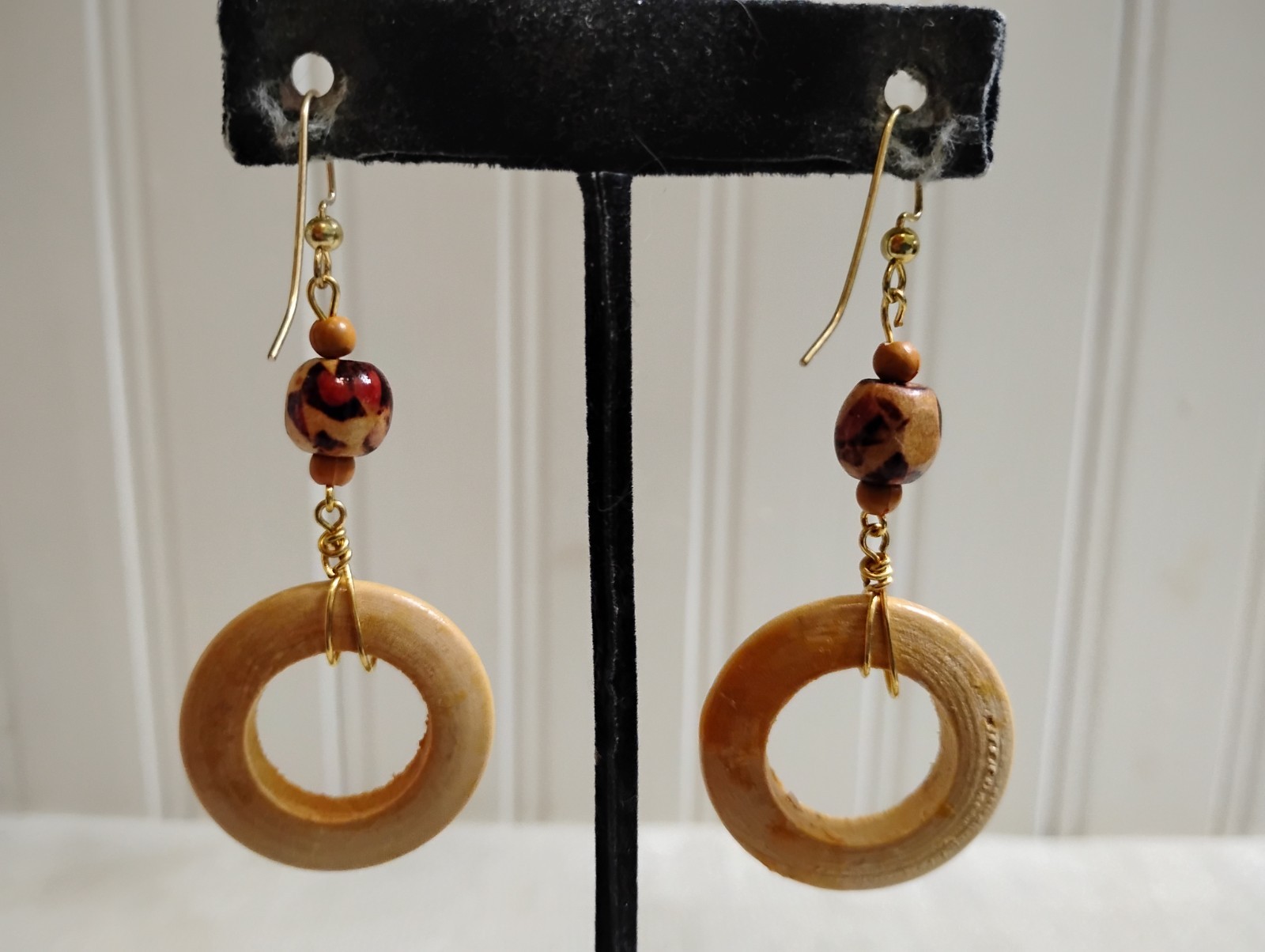 Vintage Goldtone Metal Wood Hoop Drop Dangle Wire Pierced Earrings