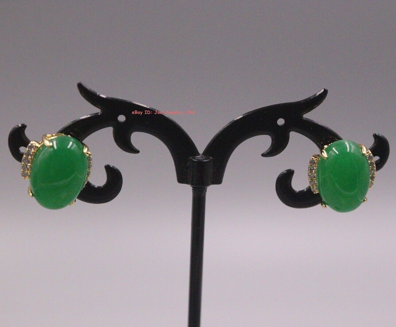 Gold-Pated Alloy with Heated Oval Dark-Green Jade Stud Earrings 10mm W