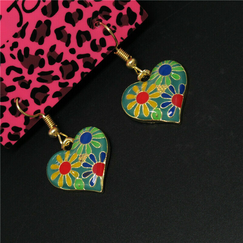 Cute Gold Green Multicolor Enamel Flower Heart Charm Hook Dangle Drop Earrings