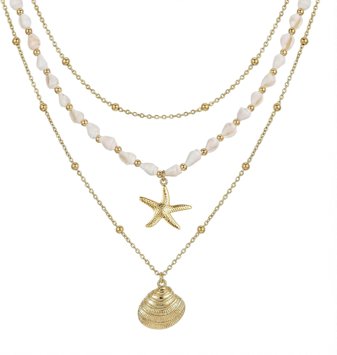 Seashell Starfish Necklace for Women Conch Shell Summer Pearl Beach 14K Gold Lay