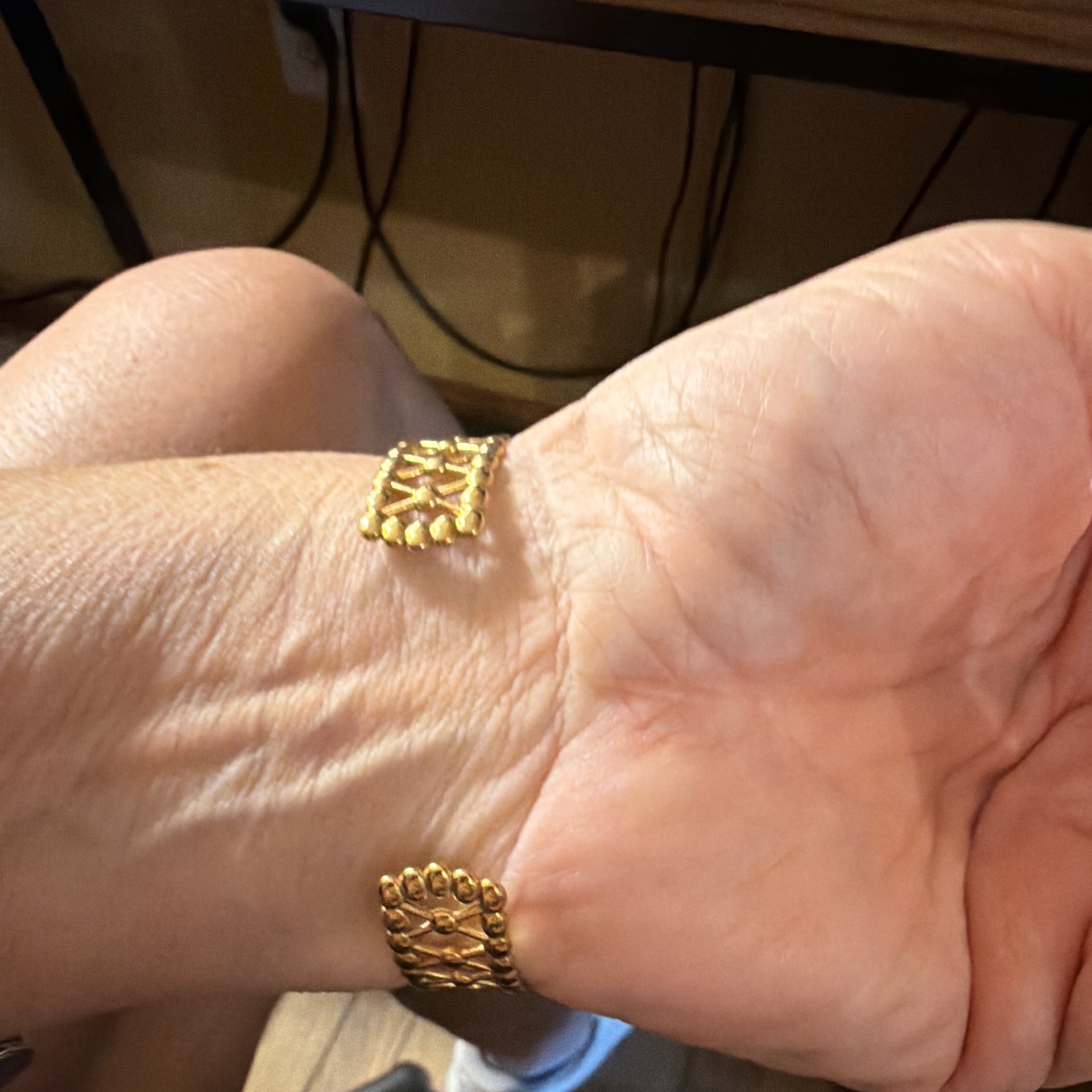 Gold Tone Lattice Link Cuff Bracelet, Adjustable Open Metal, No Stone