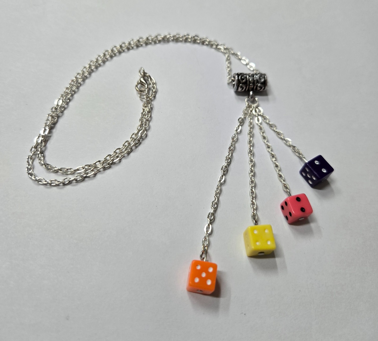 Handcrafted~One-of-a-Kind~(4) Multi-Color Mini Dice Drop 17″ Chain Necklace