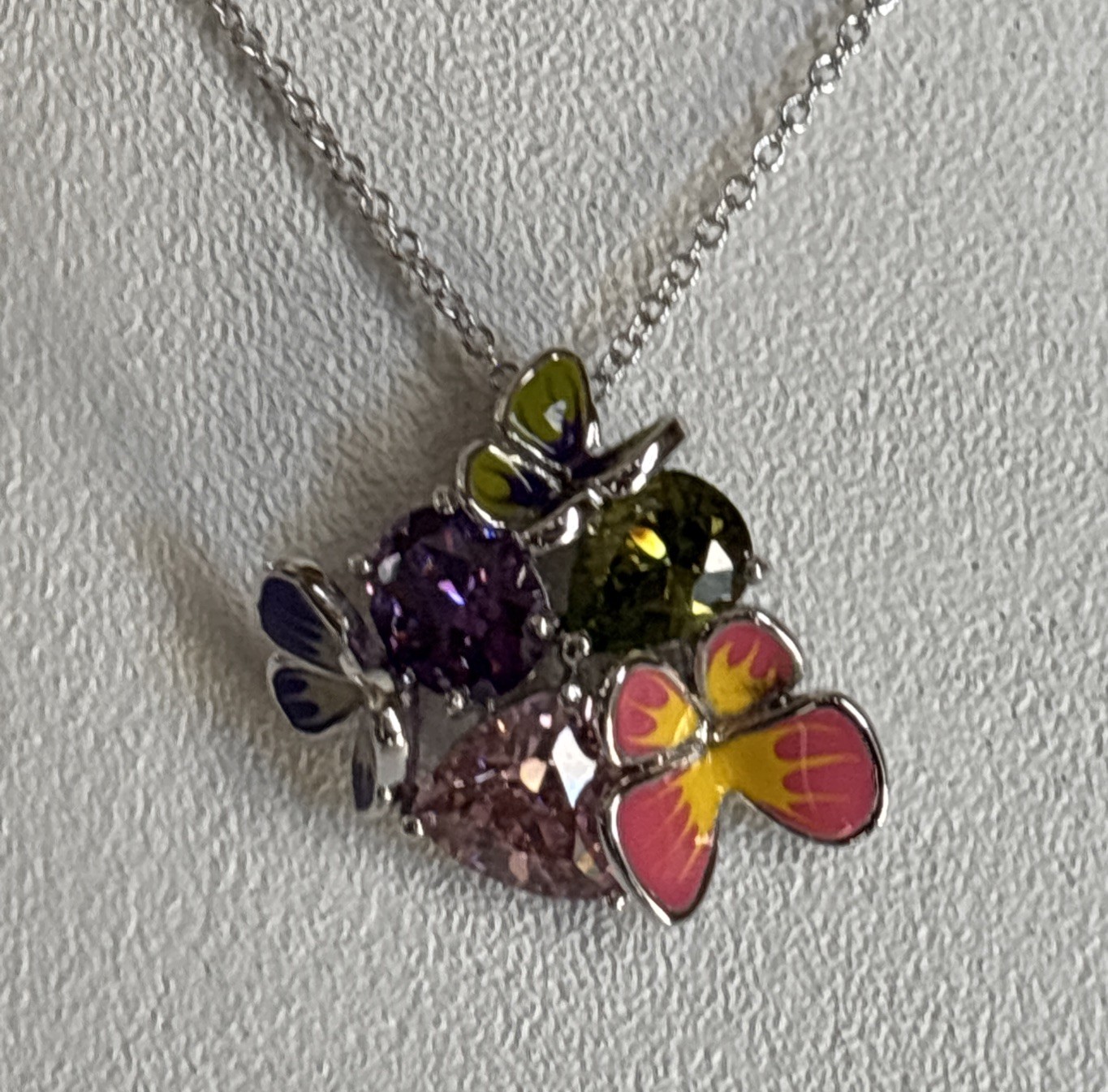 Park Lane Fairytale Pendant 16-18” Silver Tone Purple Pink Green Butterfly & Bns