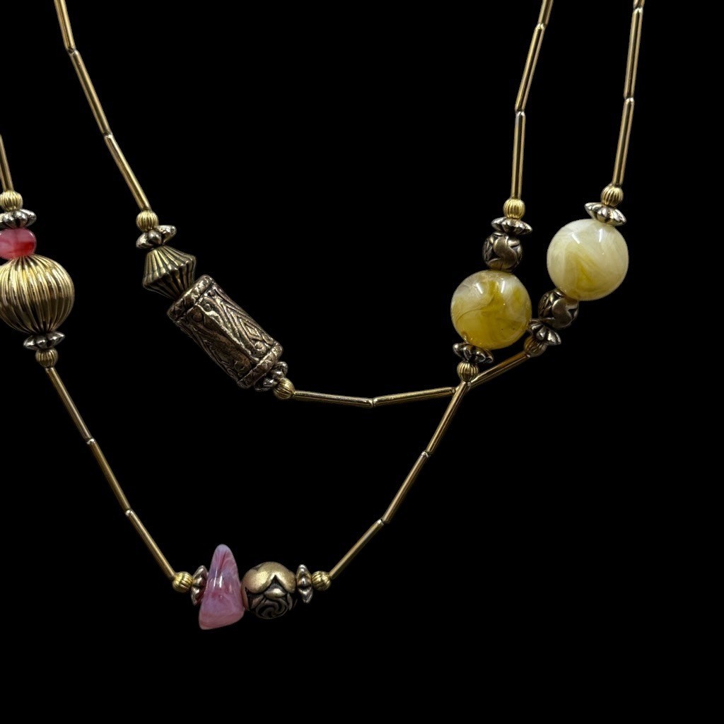 Vintage Boho Art To Wear Beaded Necklace Set Festival Earthy Maximalist Gold