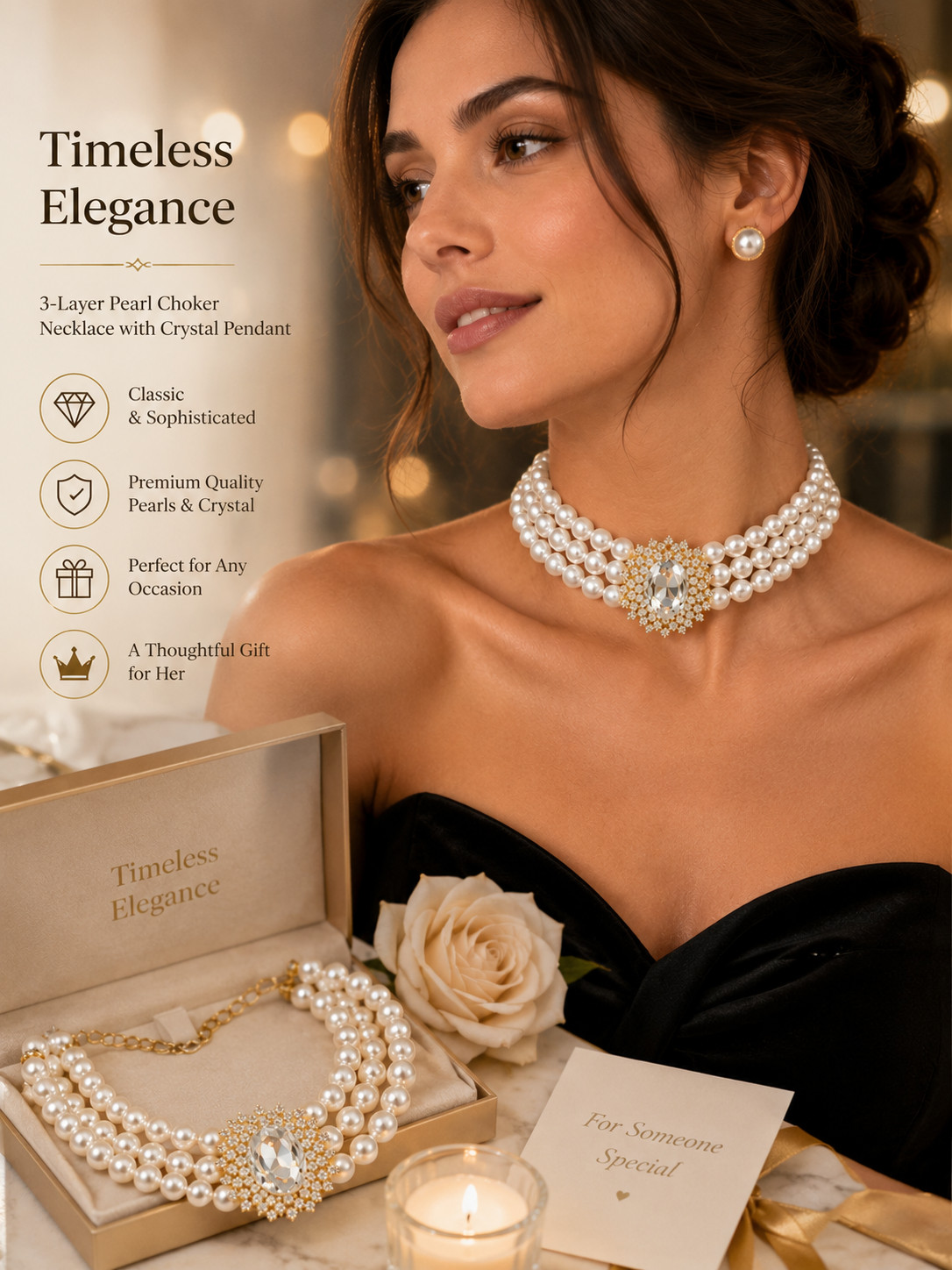 3-Layer Faux Pearl Choker Necklace Women Gold-Tone Crystal Pendant Bridal Gift
