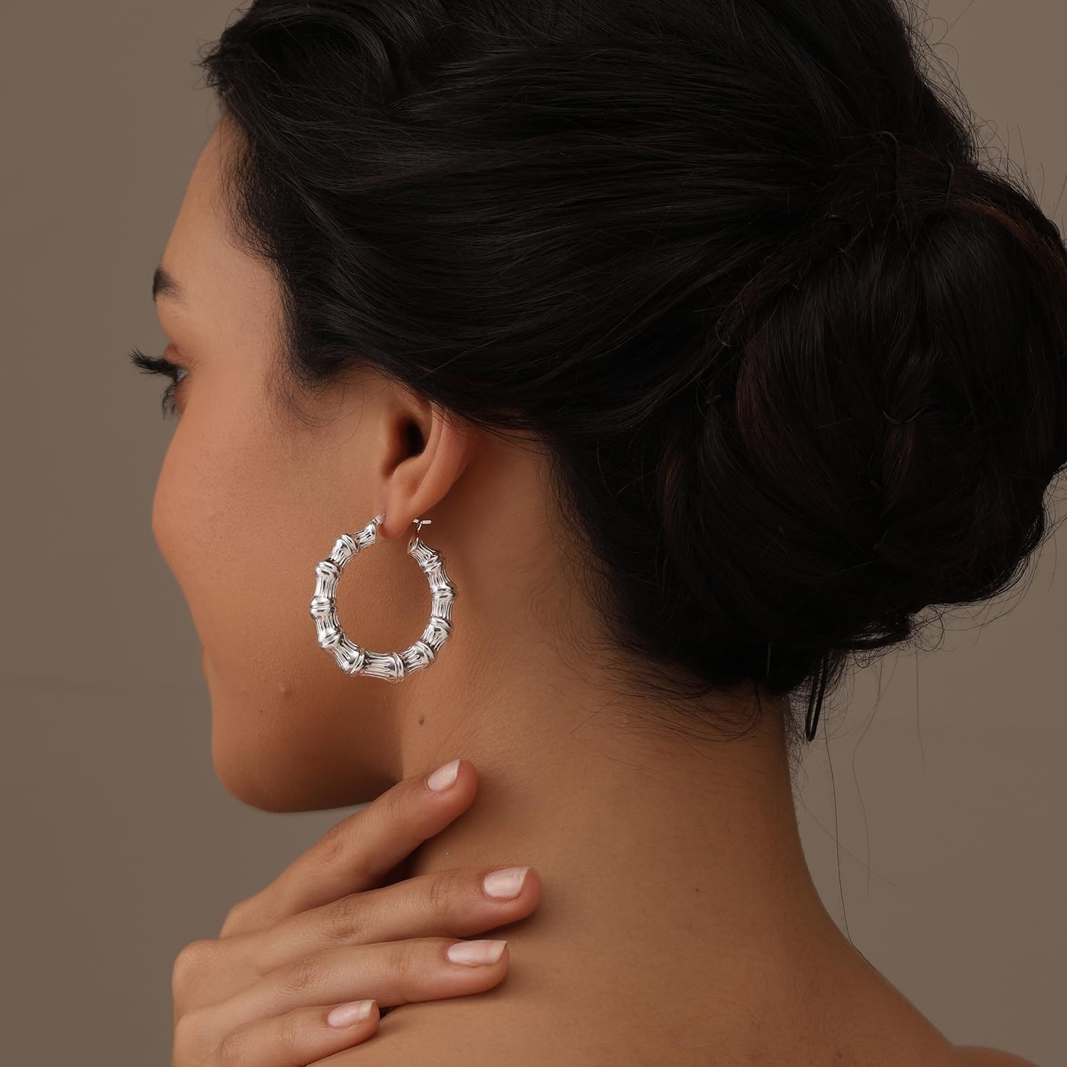 Bamboo Hoop Earrings for Women | 925 Sterling Silver Geometric Round Hoops | Gif