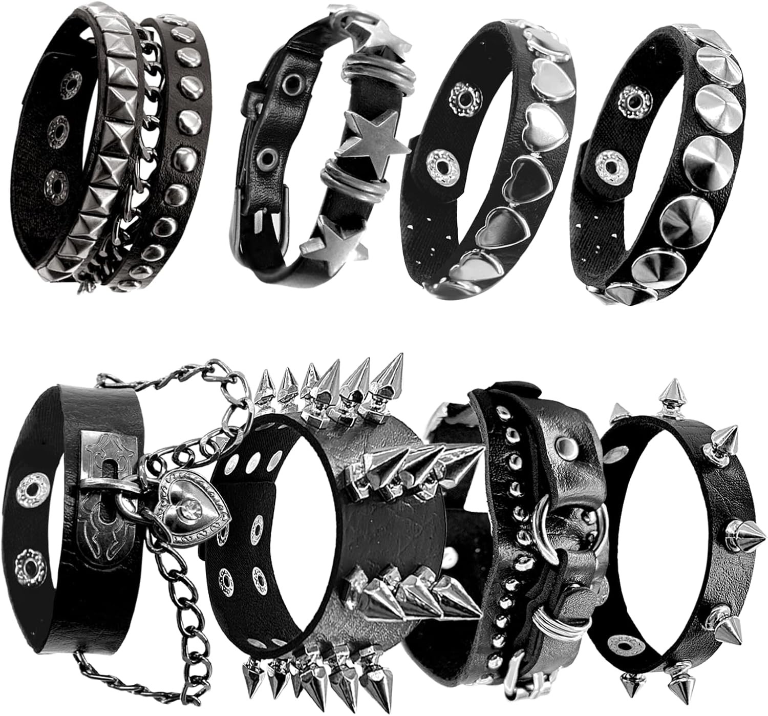 8 Pcs Spike Bracelet Set Punk Rock Leather Wristbands Music Festivals Motorcycle