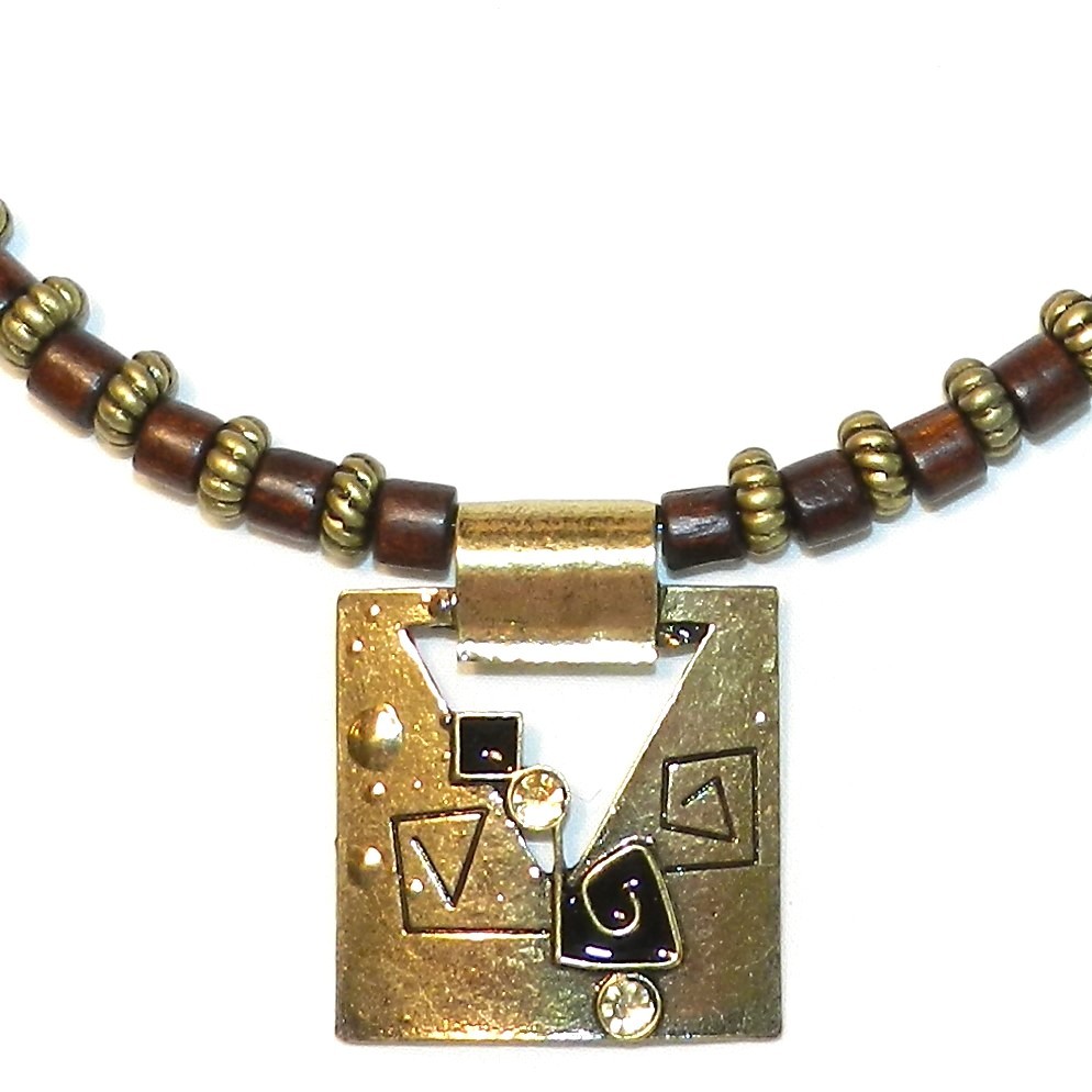 FN248 Wood & Steel Bead Necklace with Gold Pewter Alloy Metal Focal Pendant 15″