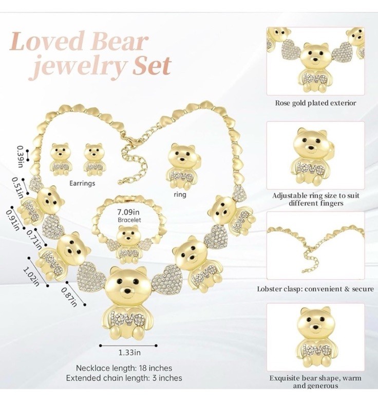 XOXO Gold Plated & Filled Cute Bear Jewelry Set for Women: Bride Bridesmaid