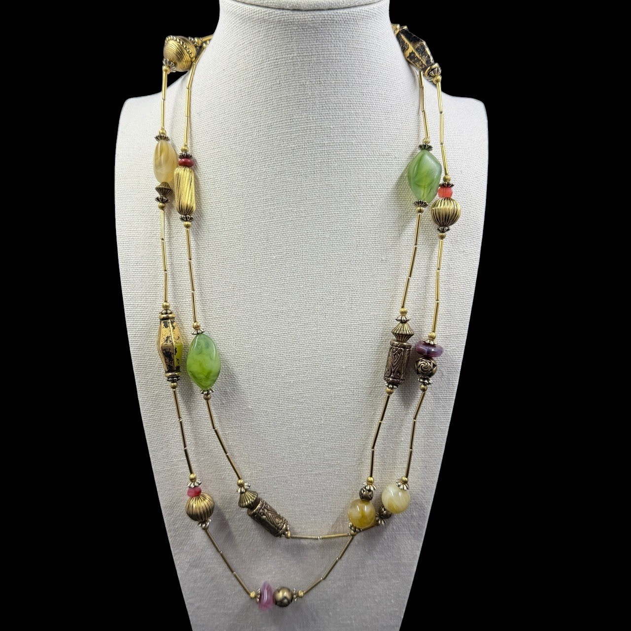 Vintage Boho Art To Wear Beaded Necklace Set Festival Earthy Maximalist Gold