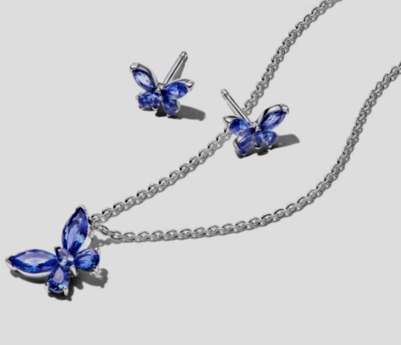 Authenti PANDORA 925 Sparkling Blue Butterfly Earrings Necklace Gift Set Z6