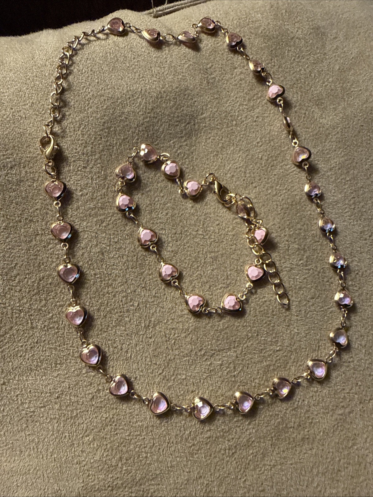 2 Piece Pink Colored Gold Heart Themed Copper Necklace And Bracelet Set