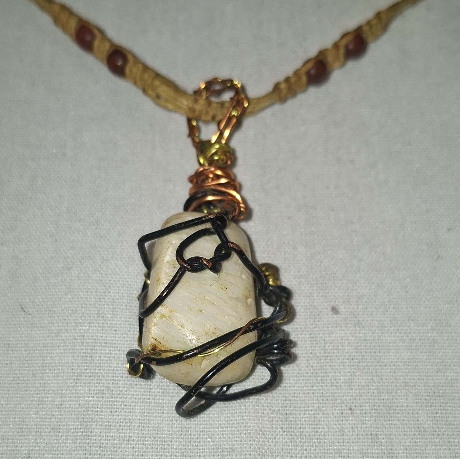 Vintage Bohemian Handcrafted Hemp Cord Necklace – Wire Wrapped Stone Pendant 24″