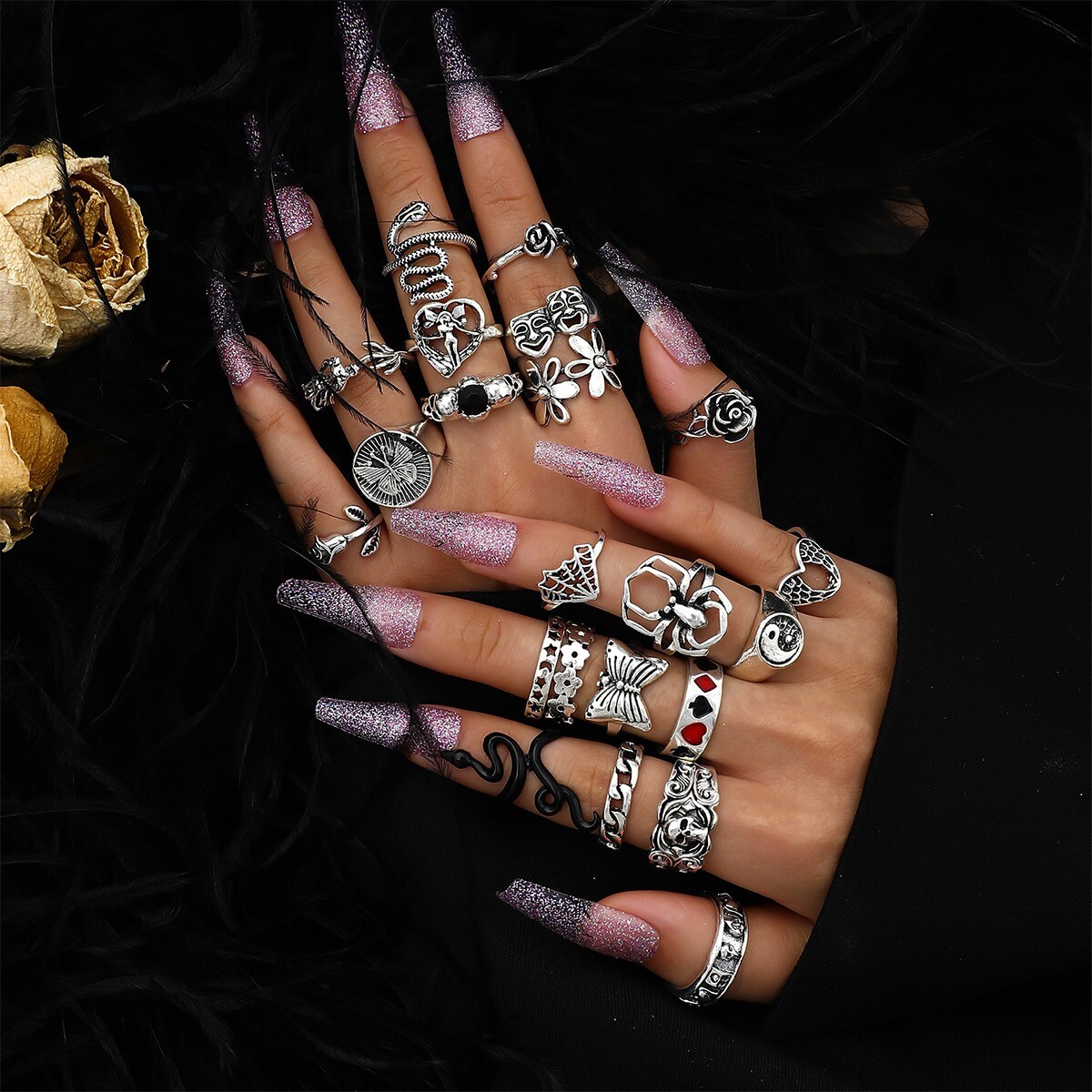 47pcs Antique Silver Gothic Rings Wholesale Mixed Vintage Metal Jewelry Set