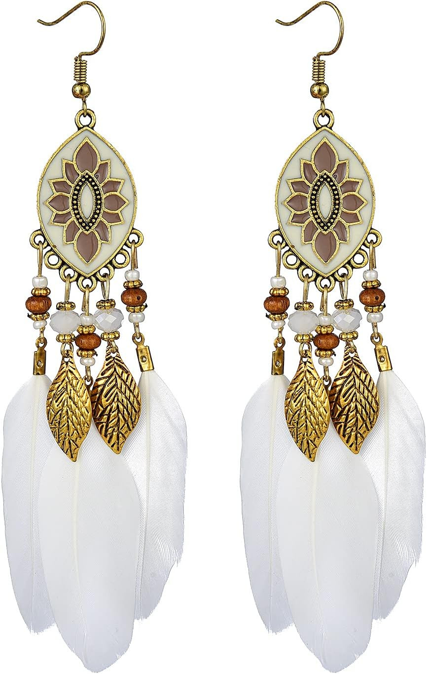 Boho Long Feather Drop Dangle Earrings for Women Retro Bohemian Ethnic Fringe Mu
