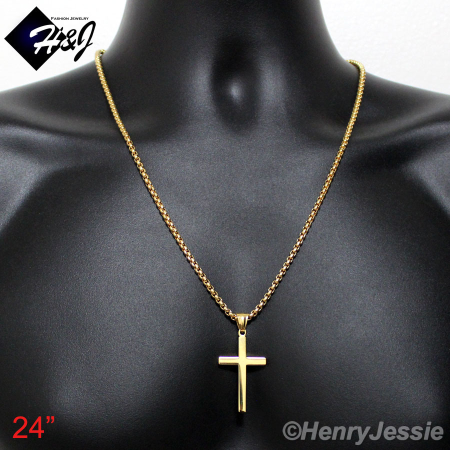 24″MEN Stainless Steel 2mm Gold Plated Box Link Chain Necklace Cross Pendant*G29