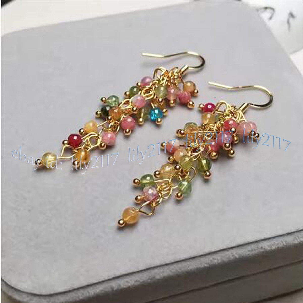 4mm Natural Multicolor Tourmaline Round Gemstone Beads Cluster Dangle Earrings