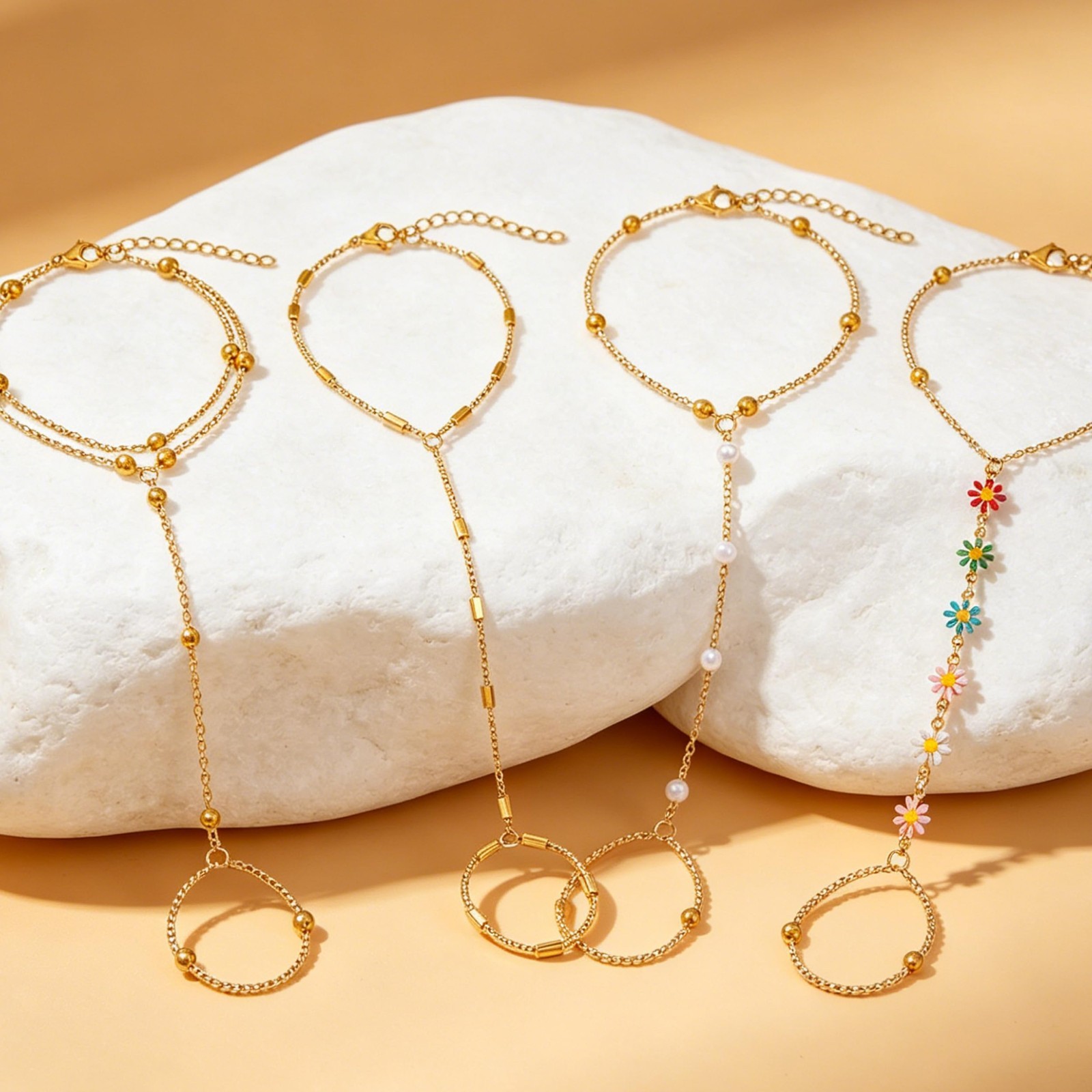 7Pcs Adjustable 14K Gold Plated Hand Chain Bracelets for Women, Stackable Dainty