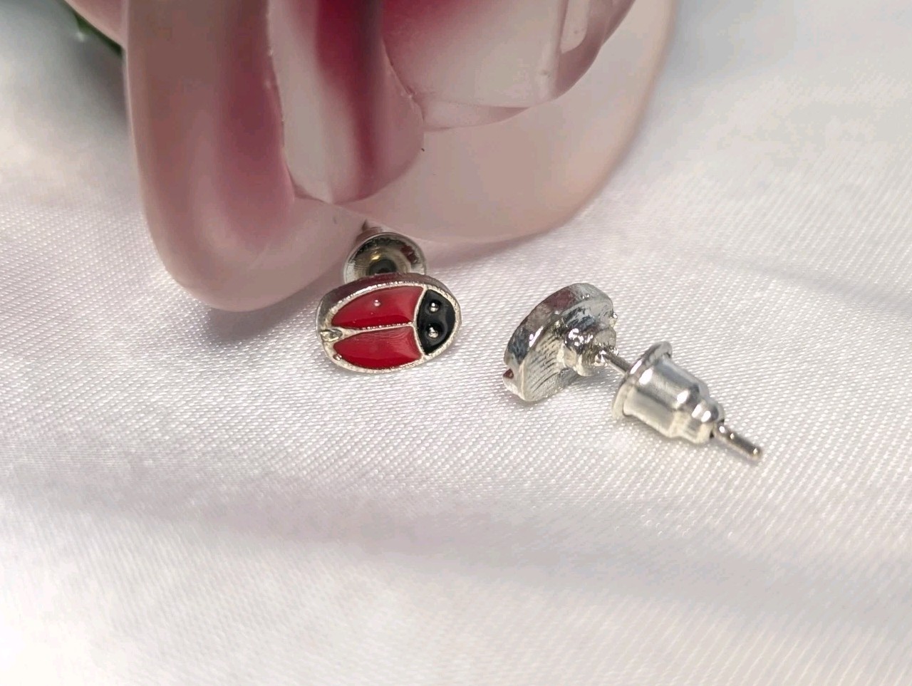 NEW Earrings Red black Ladybug 🐞 Sterling Silver Studs Painted Fashion Earrings