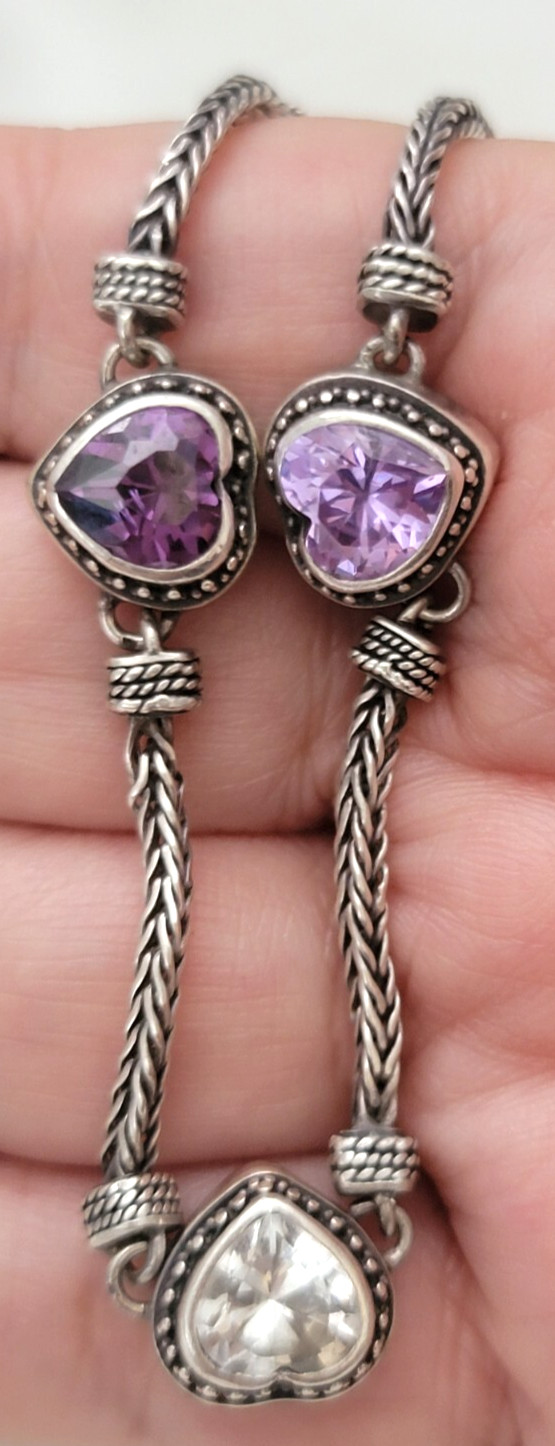 Amethyst Hearts CZ Crystals 925 Sterling Silver Spiga/Wheat Chain Bracelet 7.75″