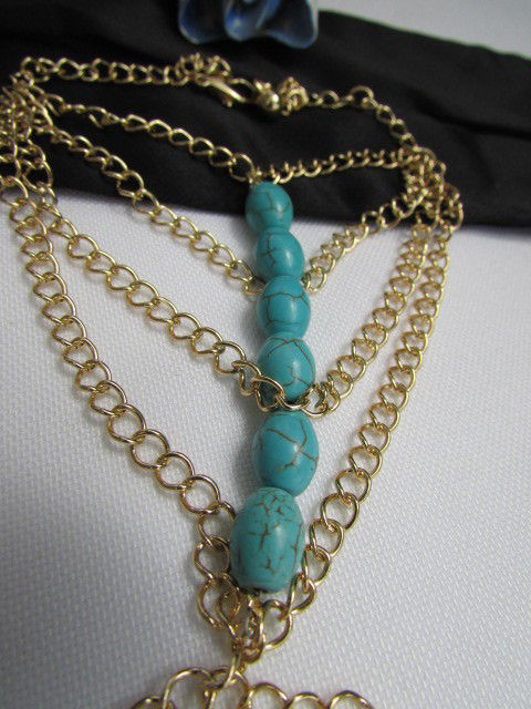 WOMEN GOLD FASHION JEWELRY HAND CHAINS TURQUOISE BLUE BEADS BRACELET SLAVE RING