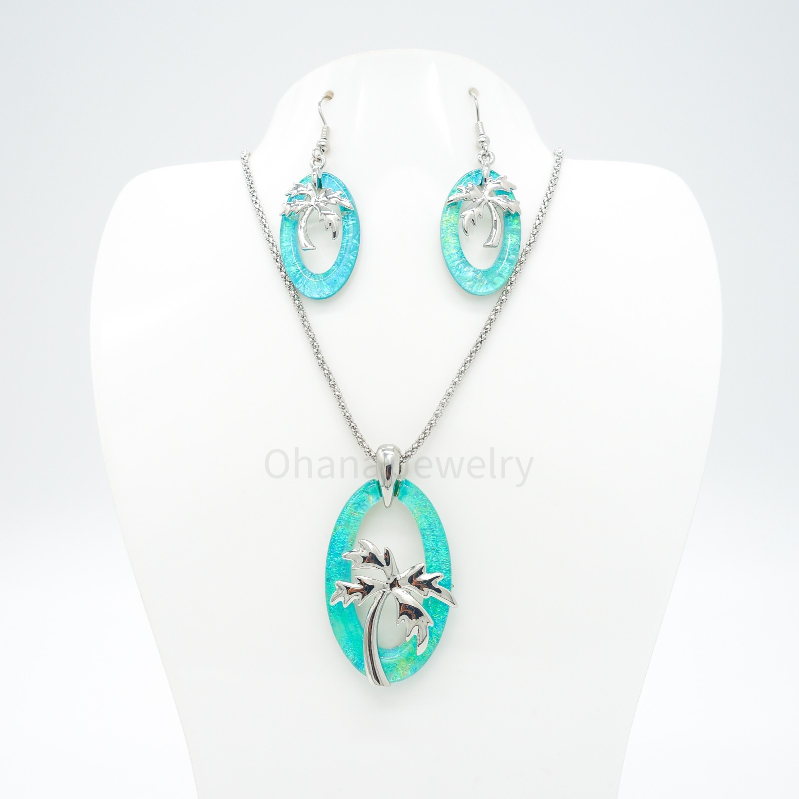 Resin Jewelry Necklace, Pendant, and Earring Set – Metal Alloy Oval Palm Tree