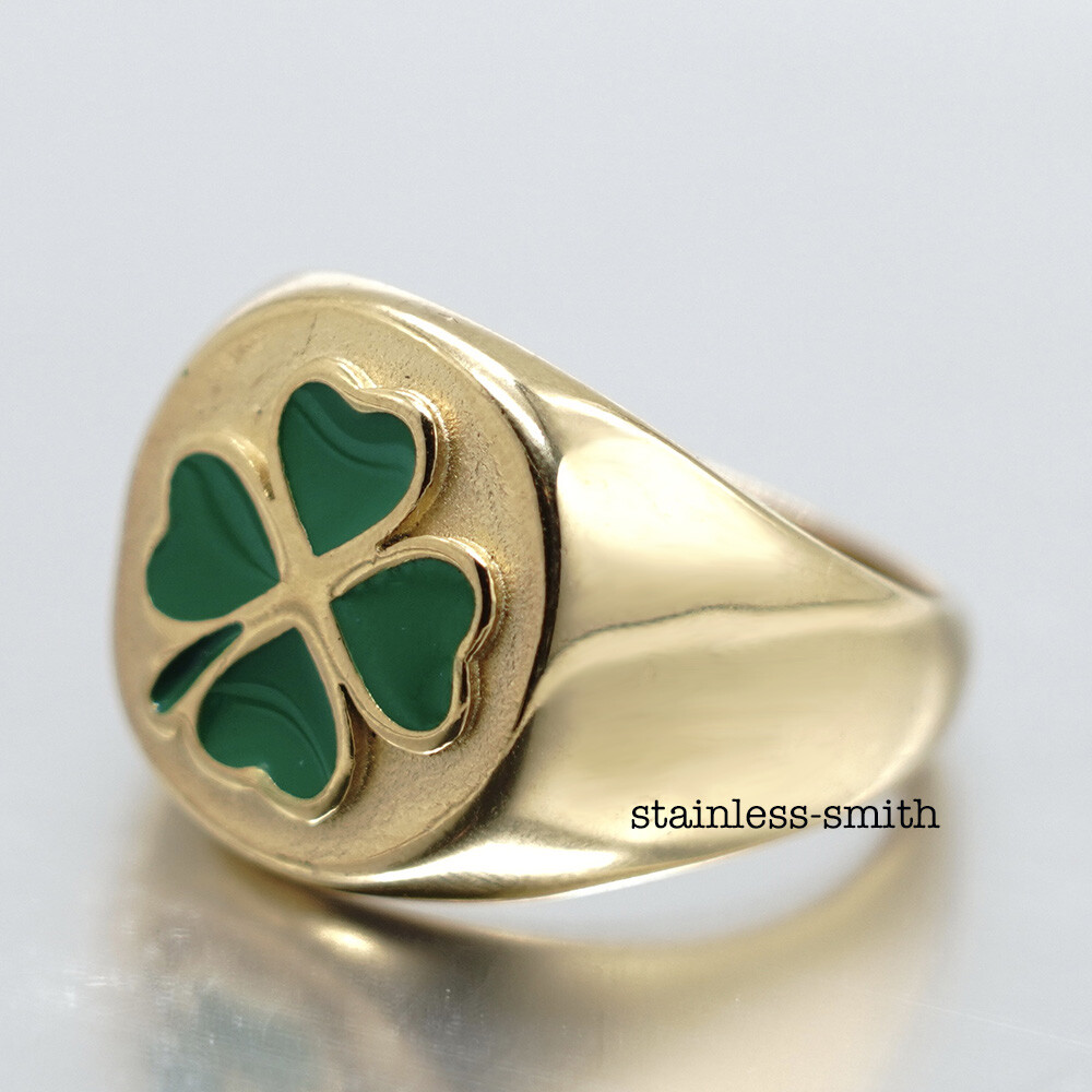 Mens Womens Irish Four 4 Leaf Clover Ring Gold Stainless Steel Size 6 7 9 10-12