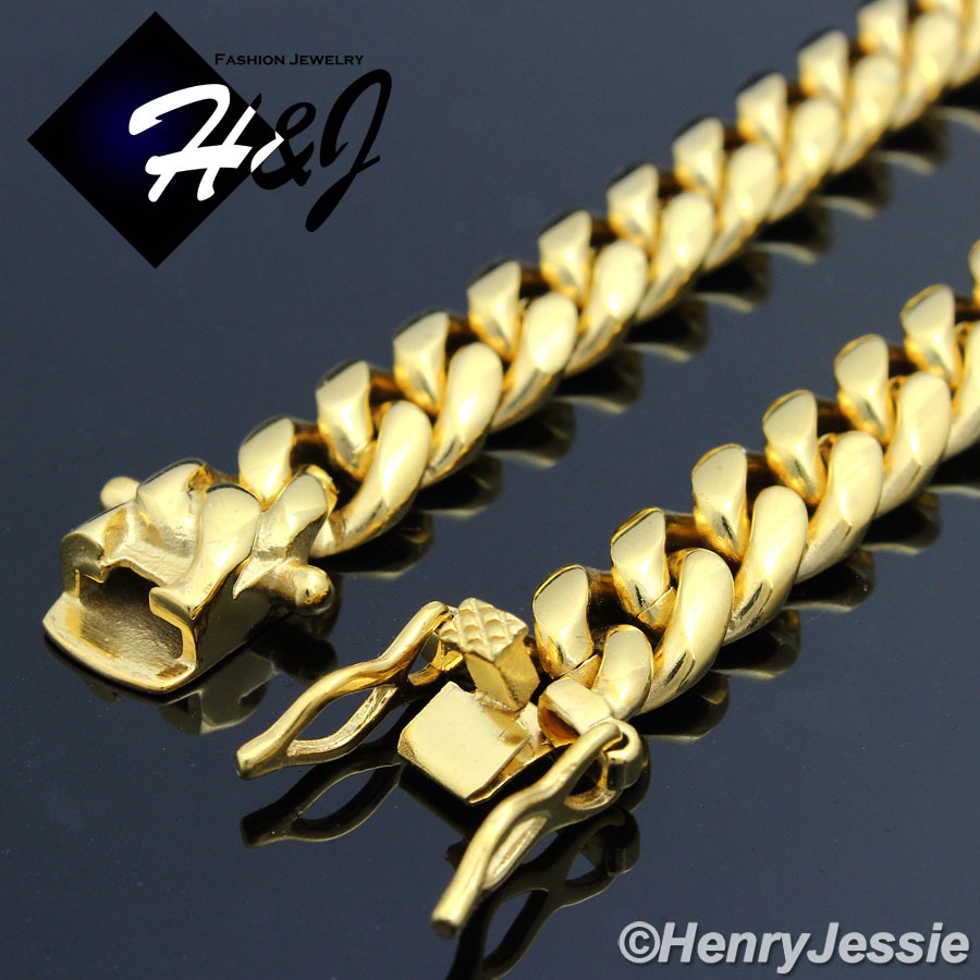 8.5″MEN Stainless Steel 12mm Gold Plated Miami Cuban Curb Chain Bracelet*B154