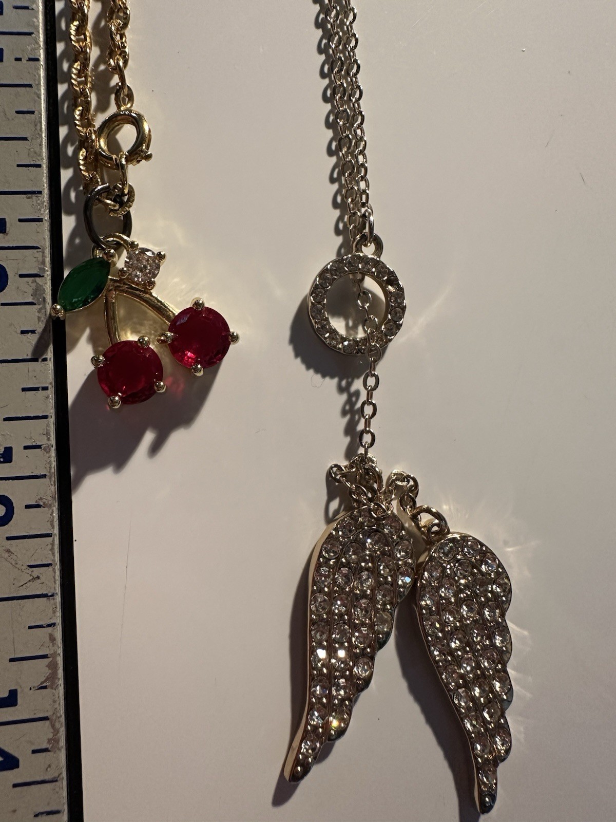 Lot of 2 Crystal Rhinestone Angel Wing Pendant Necklaces, Silver & Gold Tone