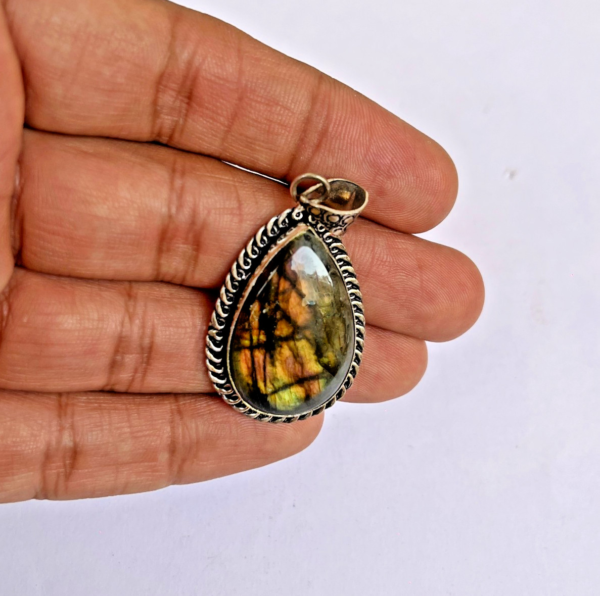 Natural Labradorite Pear Pendant Necklace 24″ Chain Healing Crystal Jewelry