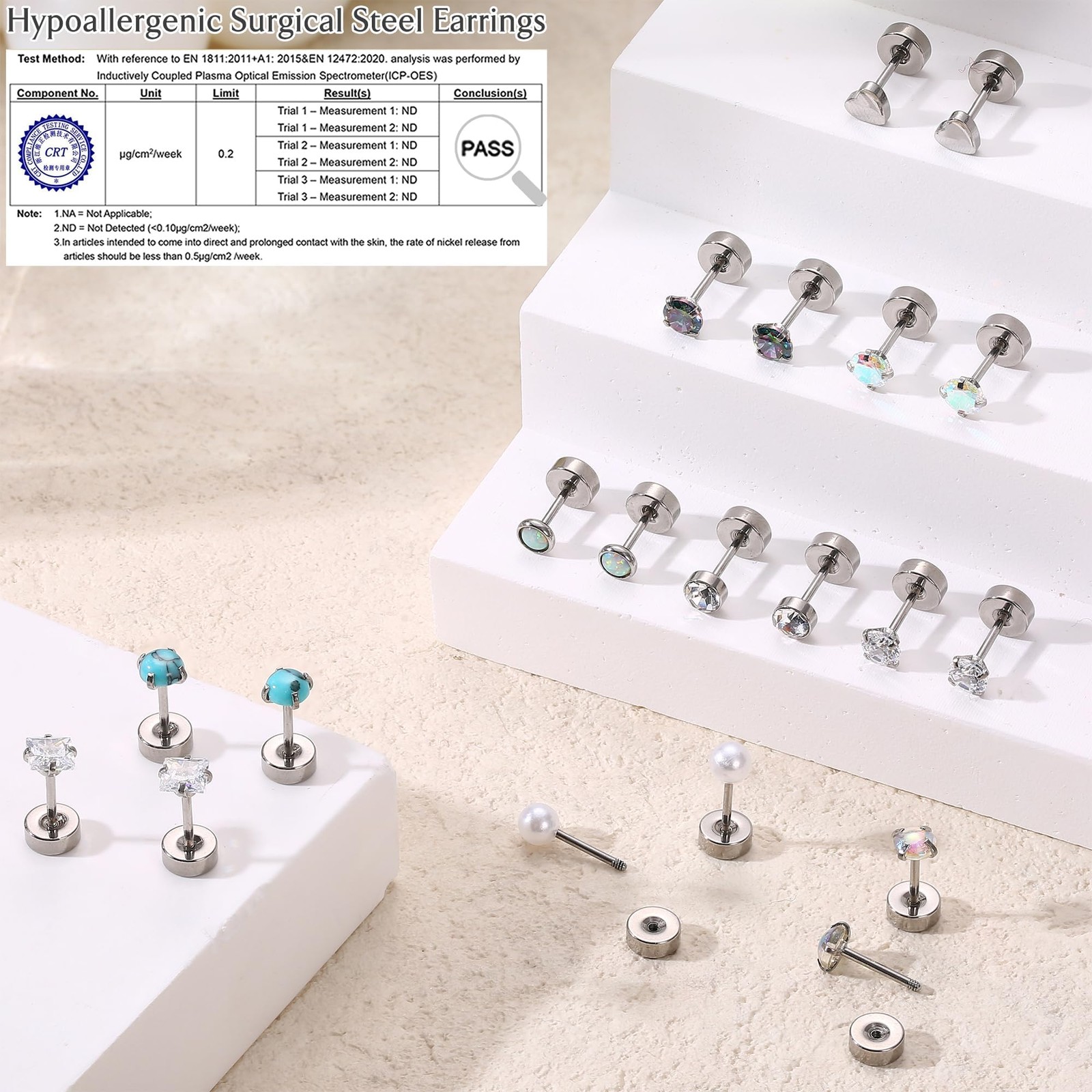 Hypoallergenic Surgical Steel Earrings for Sensitive Ears Flat Back Stud Ear…