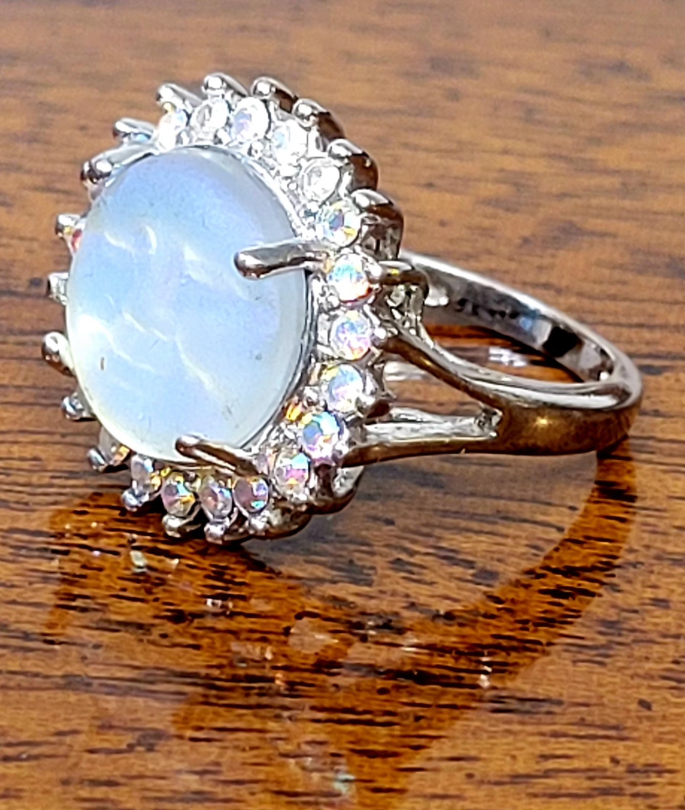 Kirks Folly Seaview Moon Face Ring 3D Glowing Iridescent Glass With AB Halo Sz 5