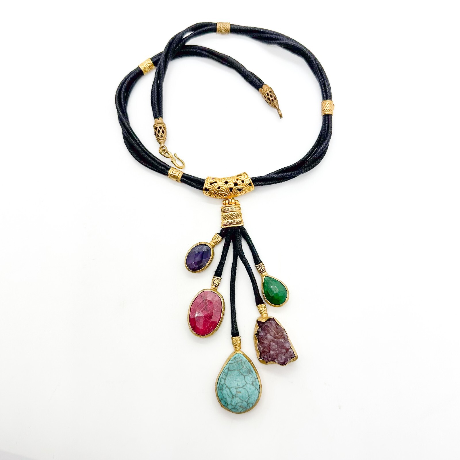 Vita New York Necklace Natural Multi Stone Gold Plated Cord Gold Plated Unsigned