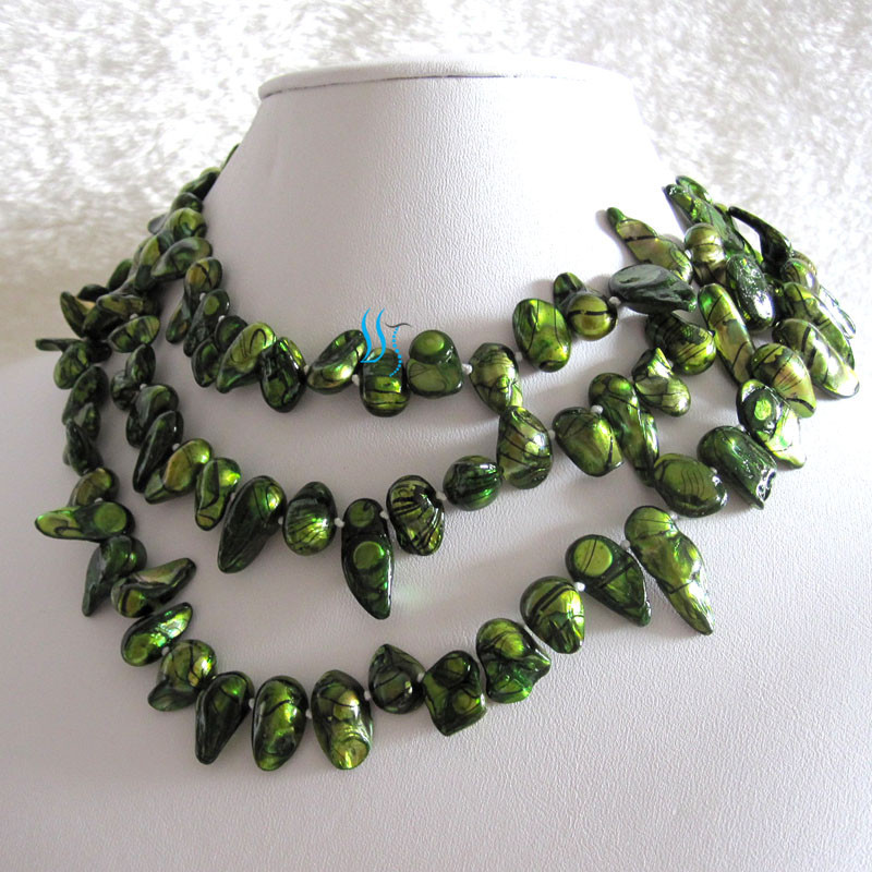 47″ 7-8mm Green Black Wave Baroque Freshwater Pearl Necklace Strands Jewelry