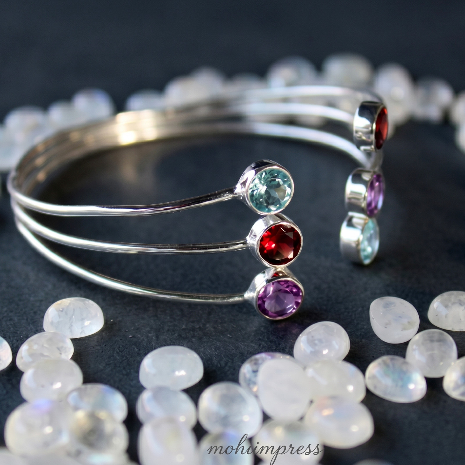 925 Sterling Silver Triple Raw Natural Gemstone Cuff Bracelet, Multi Stone Jewel