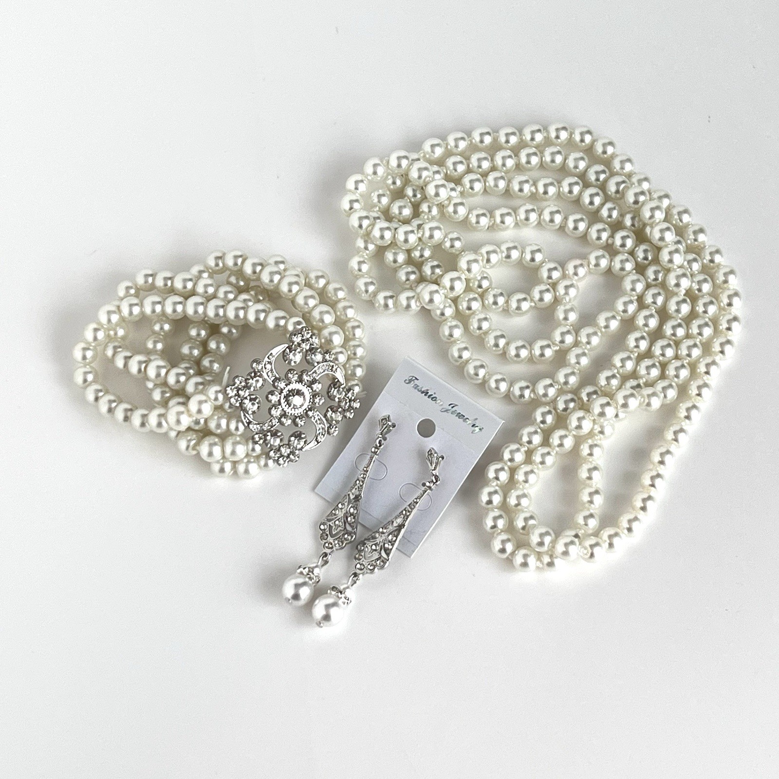 Costume Pearl 30 In Necklace & Bracelet And Drop Earrings With Rhinestones