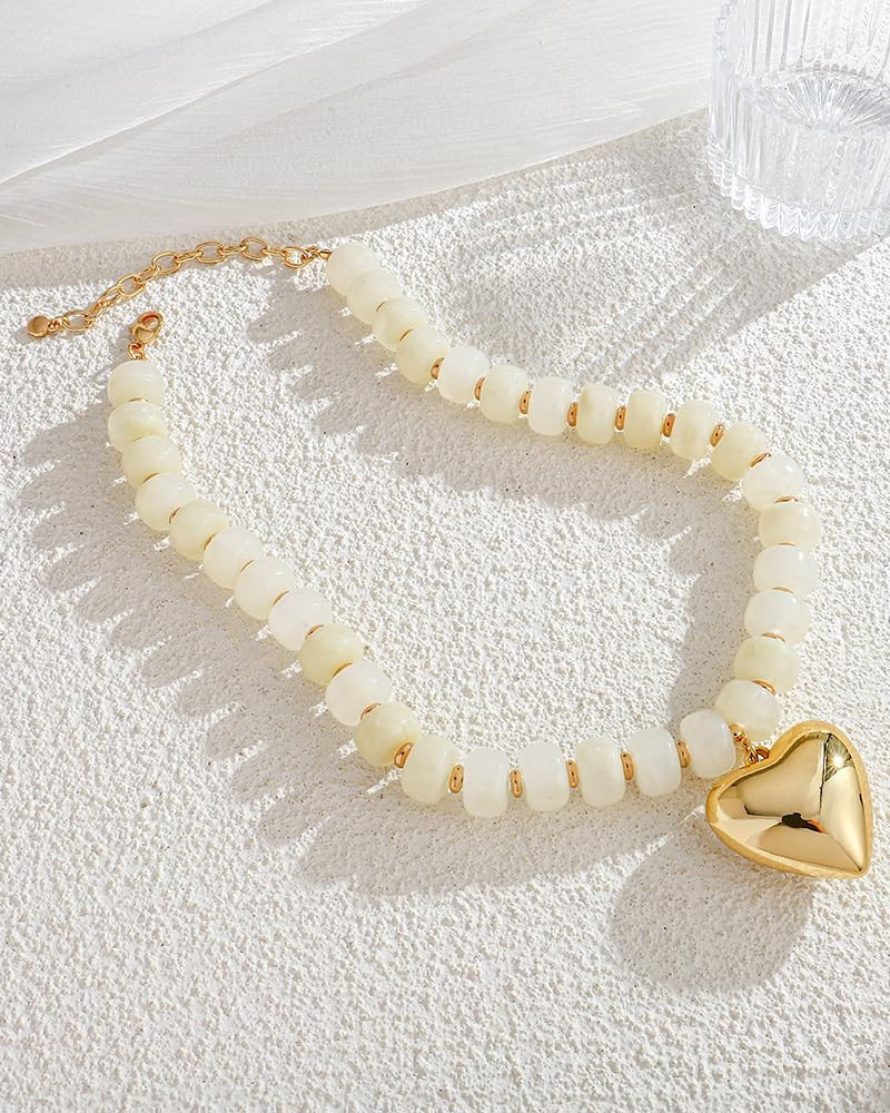 Puffy Gold Heart Necklaces for Women Chunky Beaded Necklace in Several Colorways