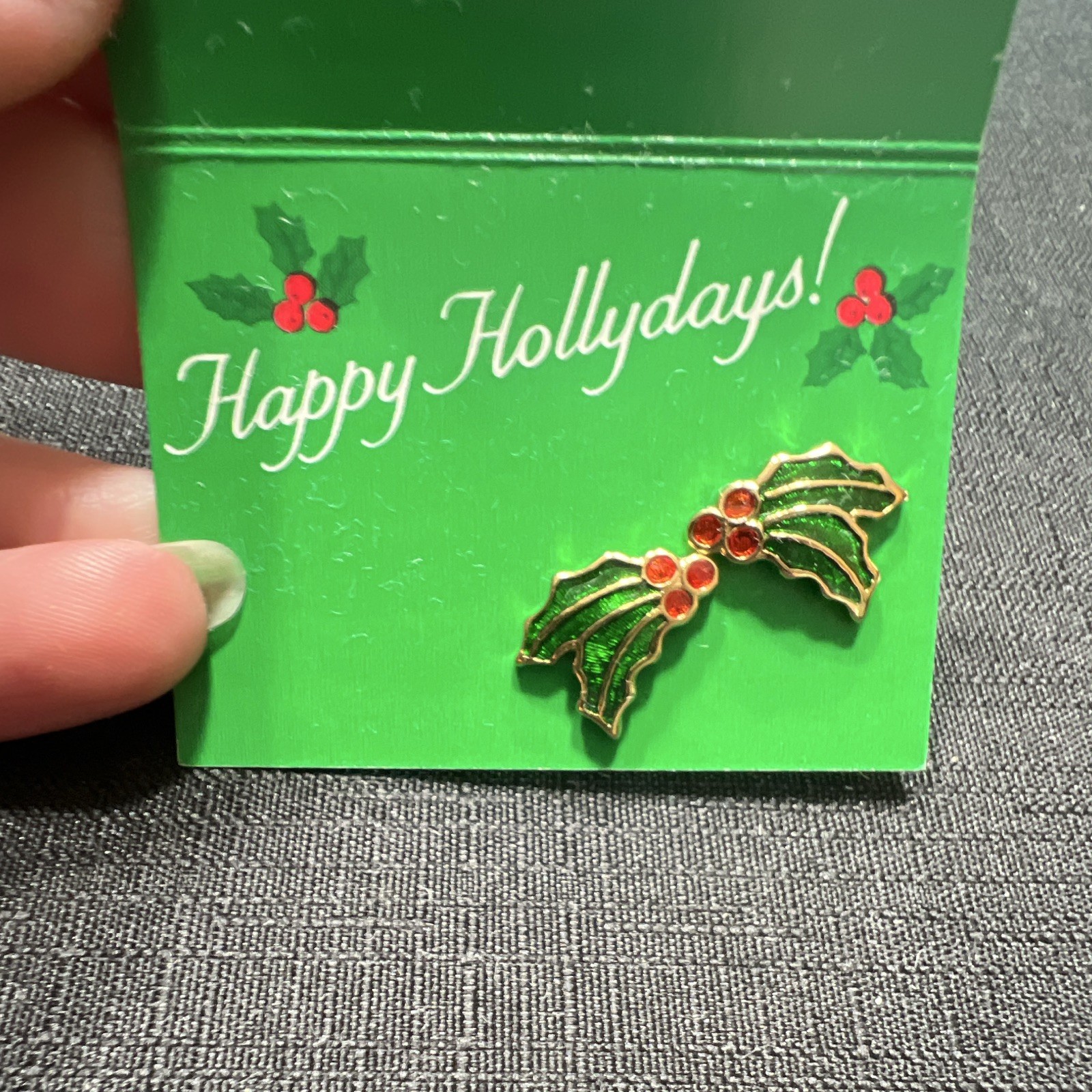 Avon Holly Leaf Enamel Stud Earrings Green Red Gold Surgical Steel Posts