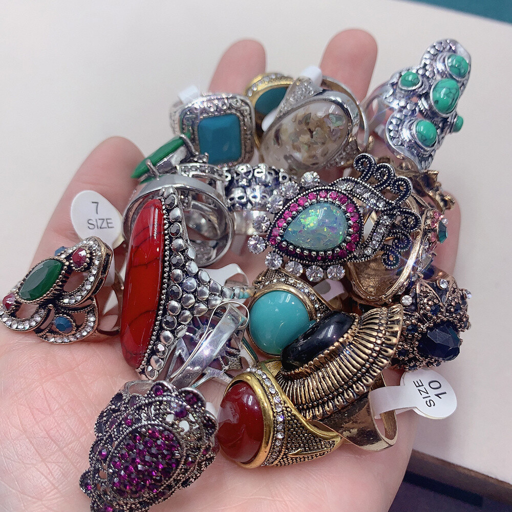 20pcs Mixed Vintage Colorful Gemstone Ring Retro Alloy Finger Deco Ring Bulk Art