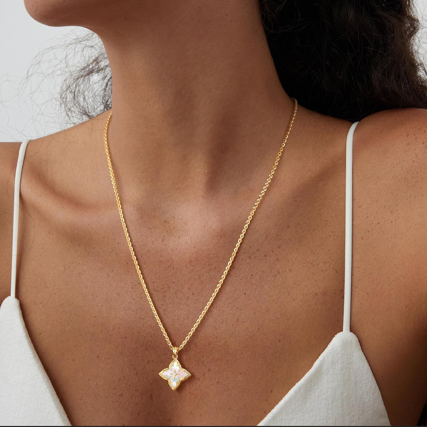 Gold Clover Necklace for Women Dainty 14K Gold Plated CZ Pendant Necklace Adjust