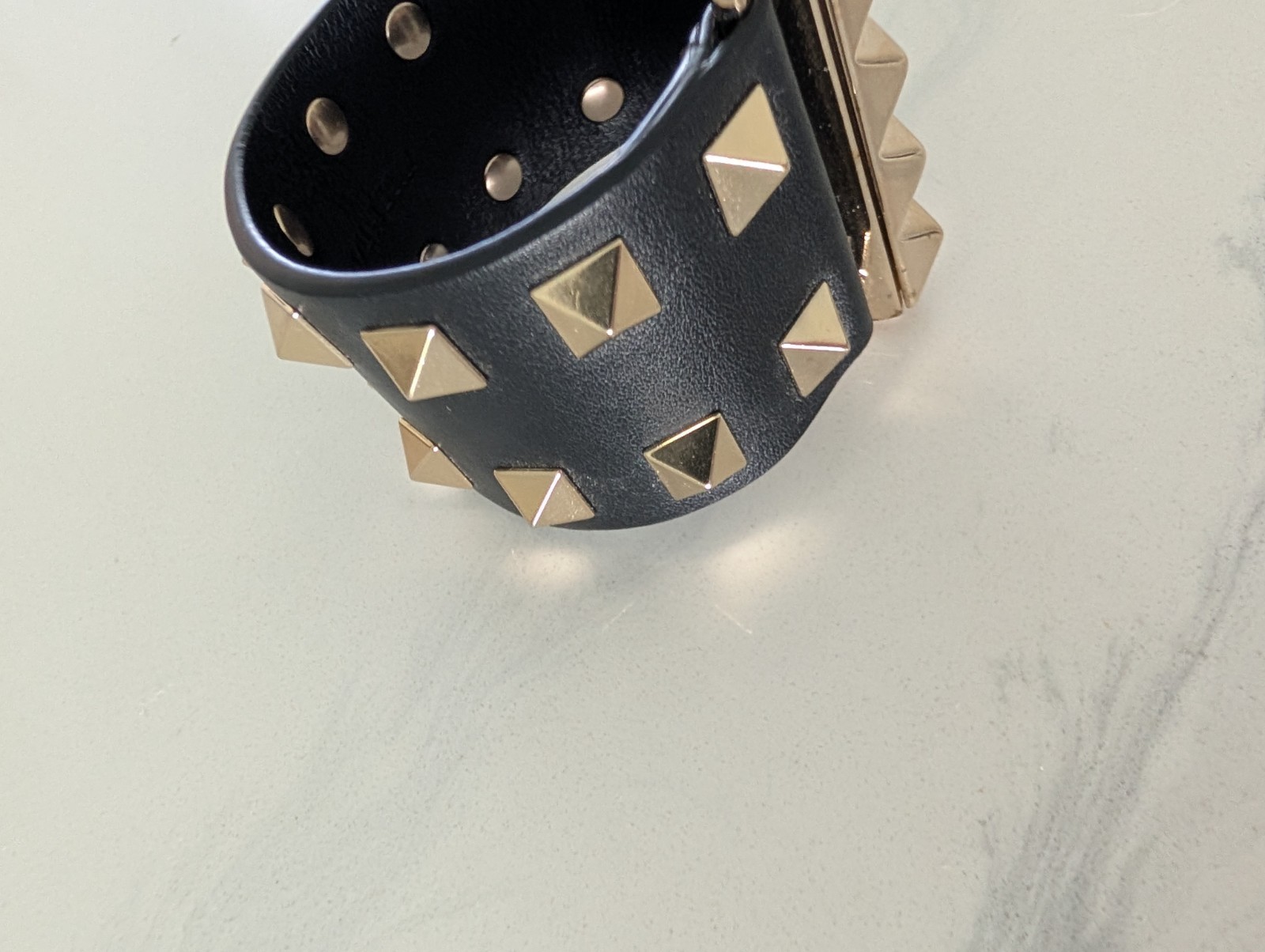 VALENTINO Black Leather Rockstud Wide Cuff Bracelet s Small