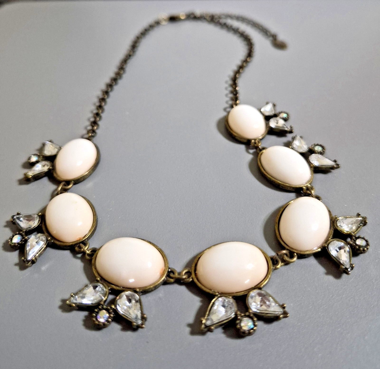 Robert Rose Necklace Pale Blush Cabochon Gray Rhinestone Antiqued Bronze Tone