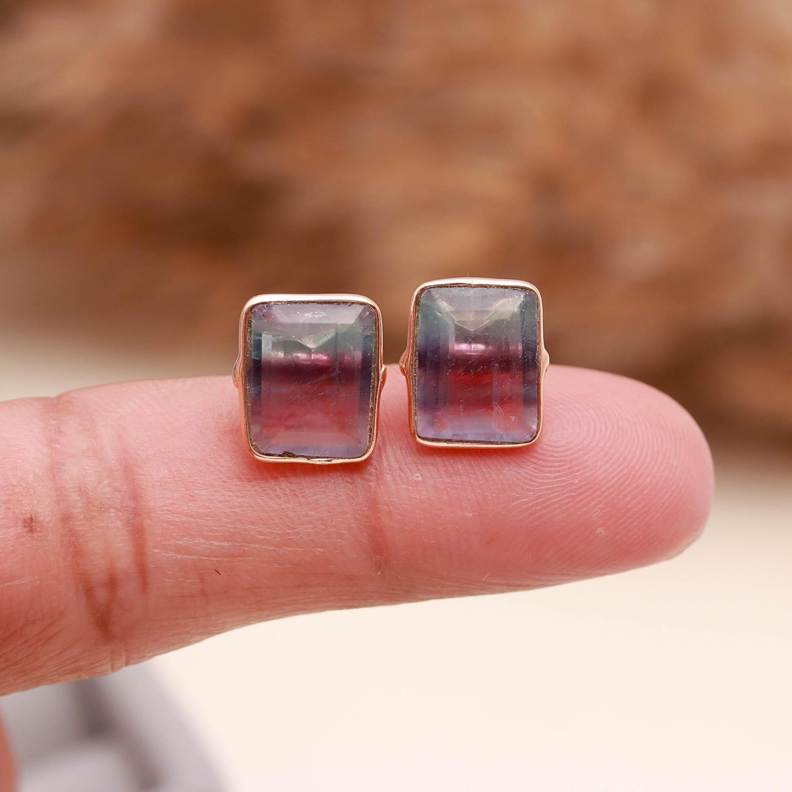 100%Natural Fluorite Octagon Stud Earrings Rose Gold Plated Solid Silver Jewelry