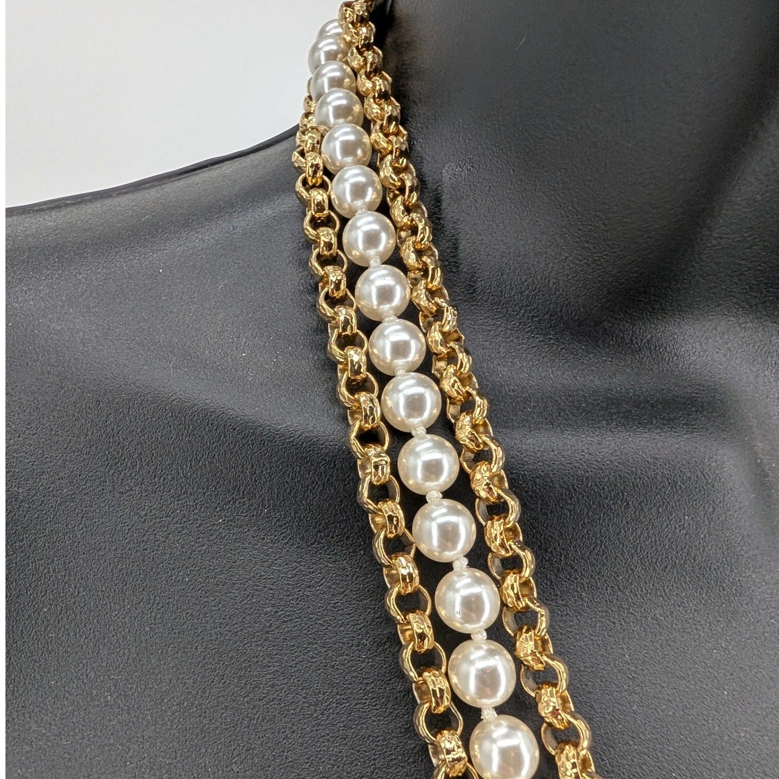 Triple Strand Faux Pearl Gold Tone Rolo Chain Necklace Filigree Clasp 23″