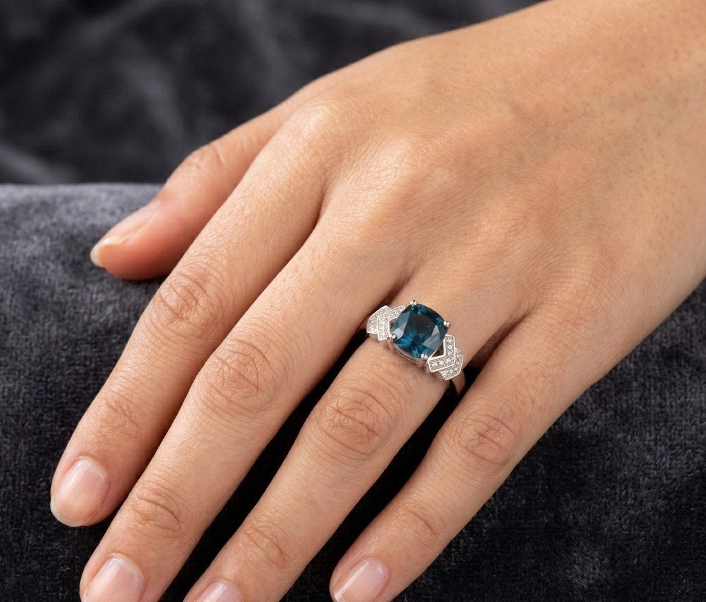 Cushion Cut Blue Topaz Ring, Sterling Silver, Vintage Inspired Statement Jewelry