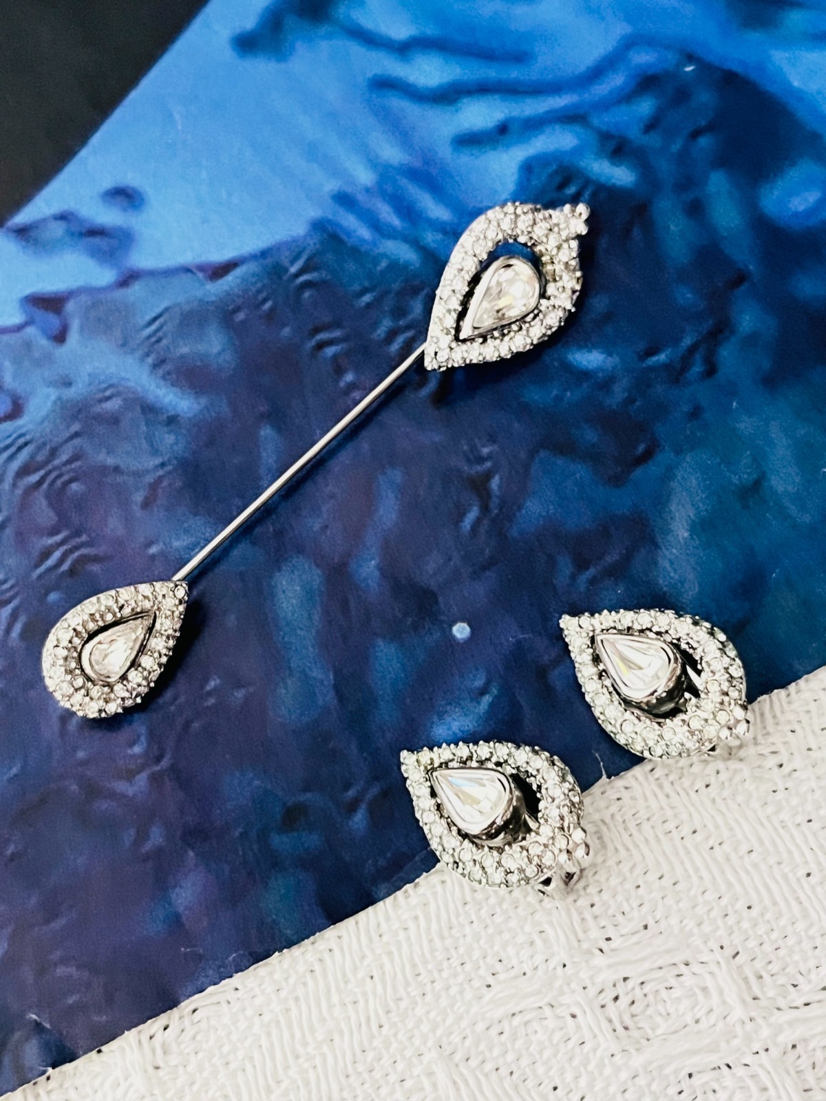 Christian Dior Vintage Peacock Eye Water Drop Whole White Crystals 2 Set, Silver