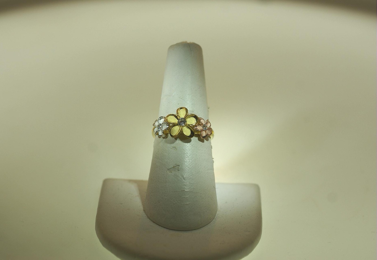 10.5MM/6.5MM TRI-COLOR GOLD PLATED 925 SILVER HAWAIIAN FANCY PLUMERIA CZ RING