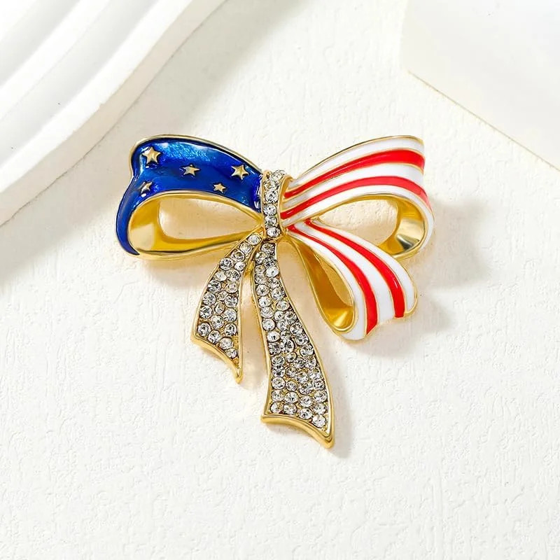 Rhinestone American Flag Medal Pin, Bowknot USA Flag Brooch, Vintage Patriotic B